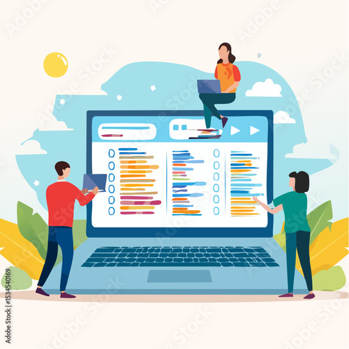 Software development, coding team, programming frontend backend framework, debugging algorithm, testing or deployment concept, young people software engineer working with online cloud computer lapto