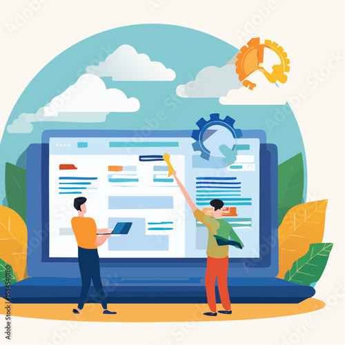 Software development, coding team, programming frontend backend framework, debugging algorithm, testing or deployment concept, young people software engineer working with online cloud computer lapto