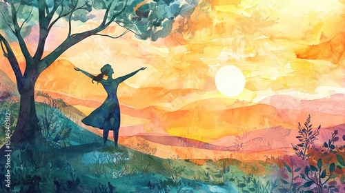 Woman on hilltop sunset watercolor
