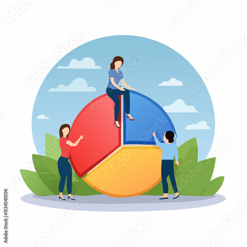 Employee participation, partnership or collaboration to success, teamwork or team effort for business development, statistic or analytics concept, business people colleagues help building pie char
