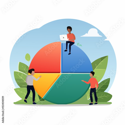 Employee participation, partnership or collaboration to success, teamwork or team effort for business development, statistic or analytics concept, business people colleagues help building pie char