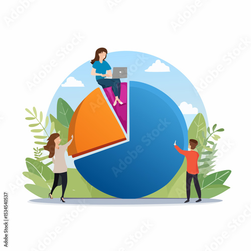 Employee participation, partnership or collaboration to success, teamwork or team effort for business development, statistic or analytics concept, business people colleagues help building pie char