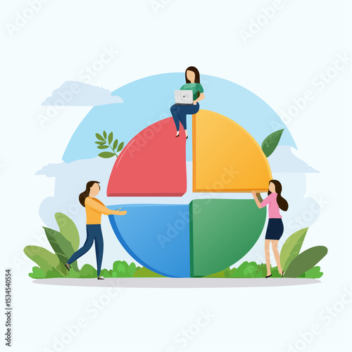 Employee participation, partnership or collaboration to success, teamwork or team effort for business development, statistic or analytics concept, business people colleagues help building pie char