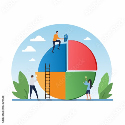 Employee participation, partnership or collaboration to success, teamwork or team effort for business development, statistic or analytics concept, business people colleagues help building pie char