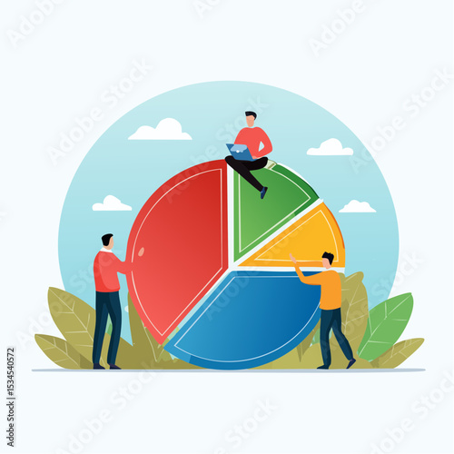 Employee participation, partnership or collaboration to success, teamwork or team effort for business development, statistic or analytics concept, business people colleagues help building pie char