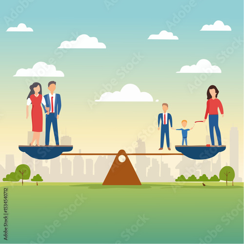 Work life balance, choose between family or hard work to be success, career opportunity or spend time with family, decision or responsibility concept, seesaw compare between family and man work har
