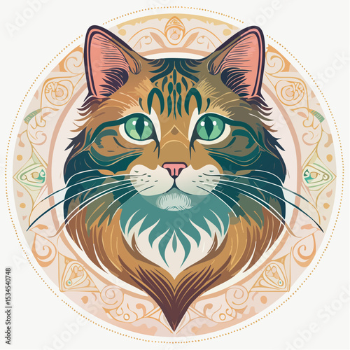 A cute cartoon cat with wide eyes and pink ears, sitting happily on a white background
