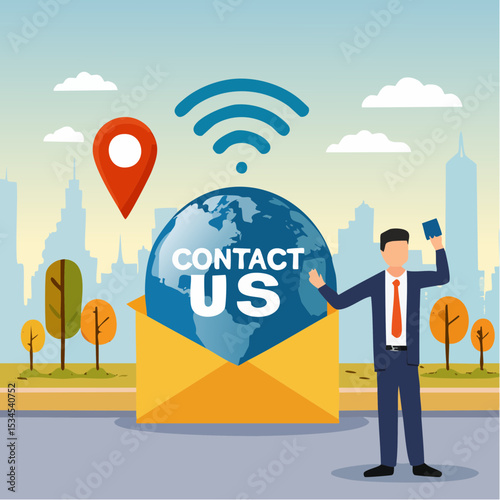 Contact us via email, phone or office location, communicate with customer or client, business information or channel for business contact concept, businessman with telephone, email and location pi