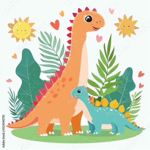 smiling dinosaurs in soft green and blue tones, surrounded by leaves and volcanoes
