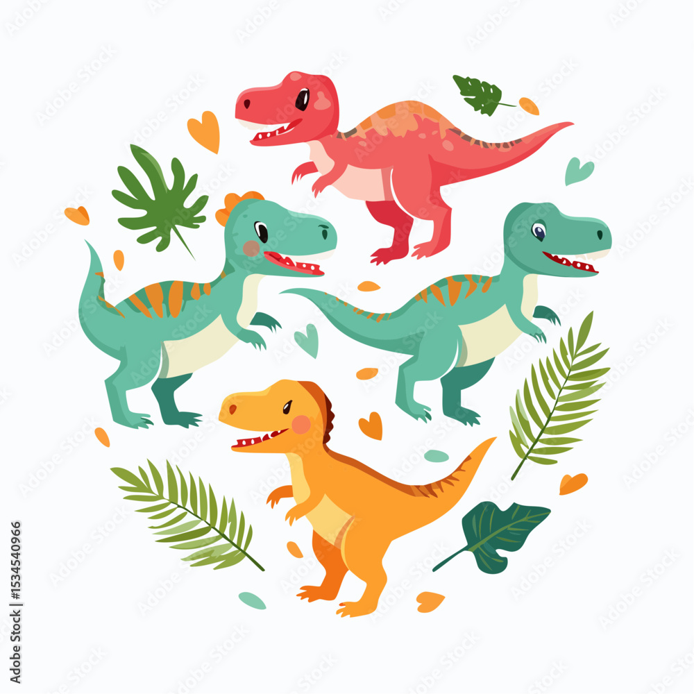 Obraz premium cute T-Rex characters with round bodies and playful poses, set against a bright background