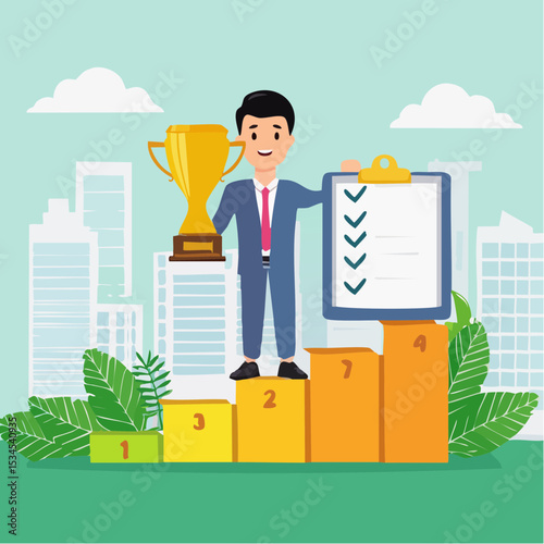 Habits or routine to success, checklist or factors to succeed and achieve goal, winner progress, planning, procedure or process concept, success businessman holding winner trophy with habit checklis