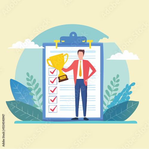 Habits or routine to success, checklist or factors to succeed and achieve goal, winner progress, planning, procedure or process concept, success businessman holding winner trophy with habit checklis