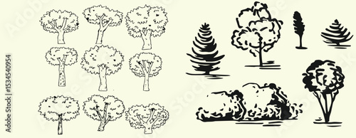 Hand-drawn tree illustration vector set featuring a variety of tree doodles in a minimal and organic line-art style.