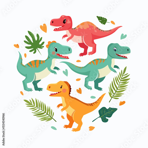 cute T-Rex characters with round bodies and playful poses, set against a bright background
