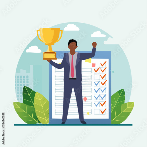 Habits or routine to success, checklist or factors to succeed and achieve goal, winner progress, planning, procedure or process concept, success businessman holding winner trophy with habit checklis