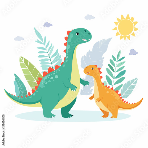 A group of adorable dinosaurs with soft pastel tones, surrounded by leaves and volcanic rocks