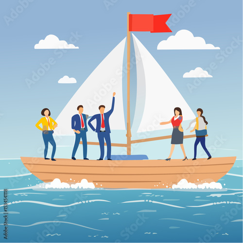 Leadership to lead team to the right direction, employee teamwork to help success, manager to motivate team or company to move forward concept, businessman manager lead people teamwork sailing arro