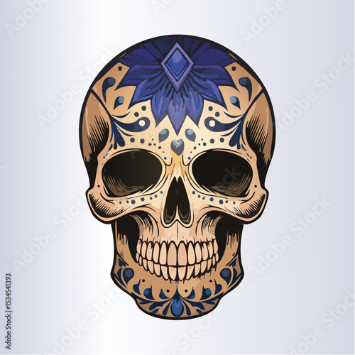 A haunting skull with glowing orange eyes, floating in swirling black mist and fire
