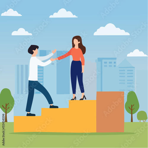 Empowerment or encouragement to help employee reach career success, woman leadership, support or help for work achievement, reward or job promotion concept, helping hand help businesswoman reach sta