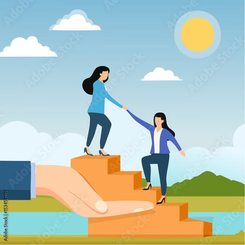 Empowerment or encouragement to help employee reach career success, woman leadership, support or help for work achievement, reward or job promotion concept, helping hand help businesswoman reach sta