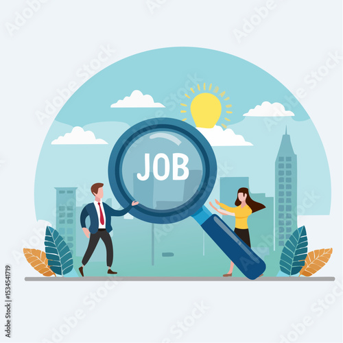 Search new job, finding candidate or discover talent, hiring and recruitment, SEO search engine optimization, find career opportunity concept, business people HR push magnifying glass on search ba