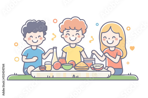 Friends sitting on picnic on nature with drinks and foods. Group people together relaxing outdoor. Vector flat line color illustration