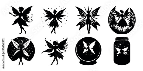 Fairy sitting in a teacup silhouette set of black silhouettes of plants