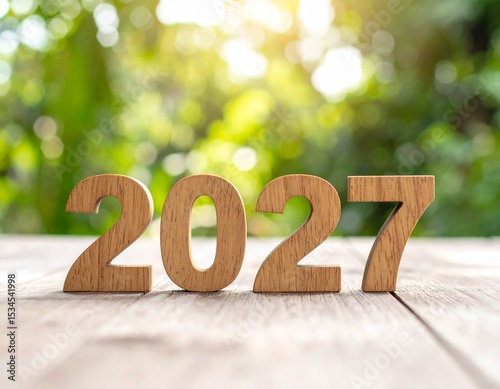 2027 begins in harmony with nature. Wooden numbers rest on a sunlit surface, surrounded by green foliage and filtered light—symbol of growth, calm, and grounded vision.