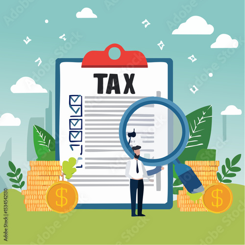Tax planning, financial strategy for tax optimization, reduction or refund, income or revenue management, taxation or calculation concept, businessman with magnifying glass analyze tax plan documen