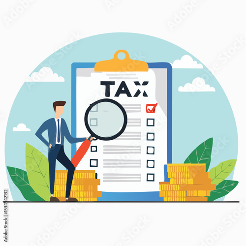 Tax planning, financial strategy for tax optimization, reduction or refund, income or revenue management, taxation or calculation concept, businessman with magnifying glass analyze tax plan documen