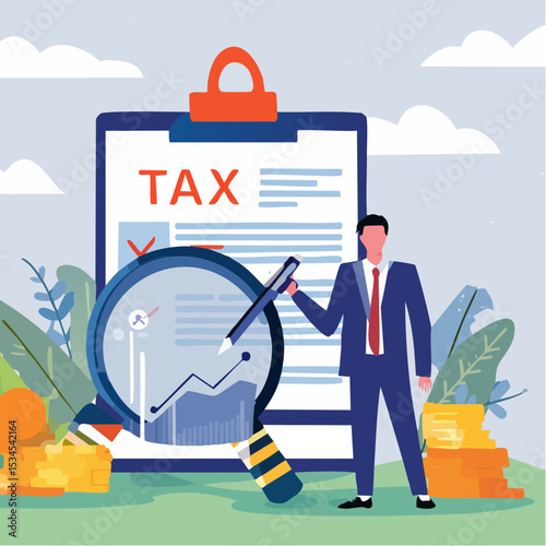 Tax planning, financial strategy for tax optimization, reduction or refund, income or revenue management, taxation or calculation concept, businessman with magnifying glass analyze tax plan documen
