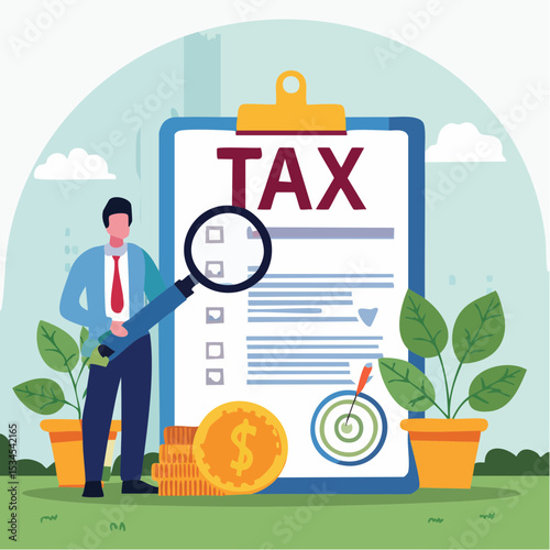 Tax planning, financial strategy for tax optimization, reduction or refund, income or revenue management, taxation or calculation concept, businessman with magnifying glass analyze tax plan documen