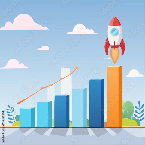 Business growth, investment profit increase, growing fast or improvement sales and revenue, progress or development concept, businessman riding rocket on growth bar graph or rising up revenue char