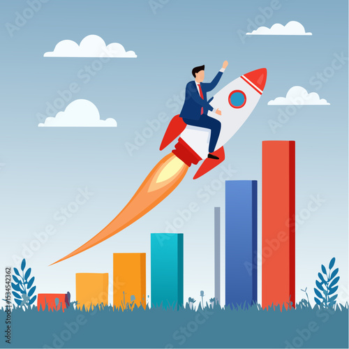 Business growth, investment profit increase, growing fast or improvement sales and revenue, progress or development concept, businessman riding rocket on growth bar graph or rising up revenue char