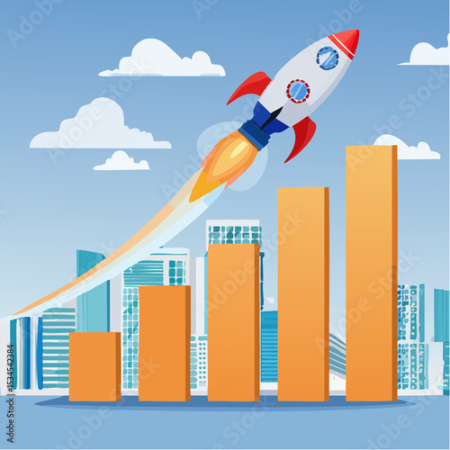 Business growth, investment profit increase, growing fast or improvement sales and revenue, progress or development concept, businessman riding rocket on growth bar graph or rising up revenue char