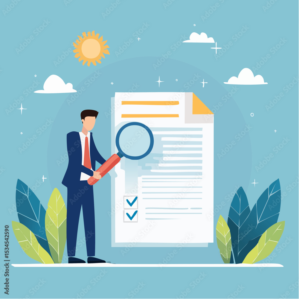 Obraz premium Inspect or review document, report or legal audit, quality assurance, search for document, information or research, investigate, proof or checking concept, businessman with magnifier inspect documen