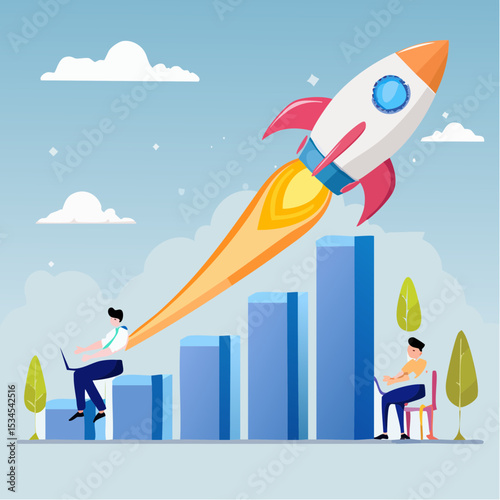 Business growth, investment profit increase, growing fast or improvement sales and revenue, progress or development concept, businessman riding rocket on growth bar graph or rising up revenue char