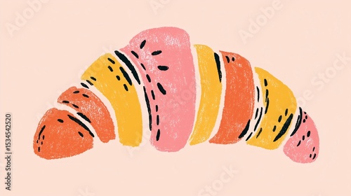 colorful croissant illustration with naive charm and pastel watercolor style