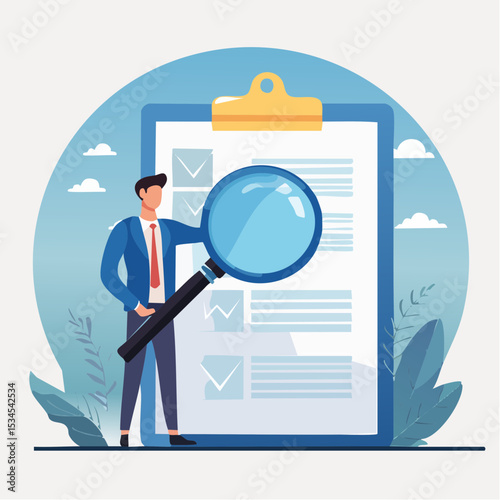 Inspect or review document, report or legal audit, quality assurance, search for document, information or research, investigate, proof or checking concept, businessman with magnifier inspect documen