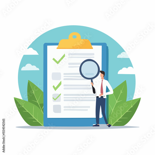 Inspect or review document, report or legal audit, quality assurance, search for document, information or research, investigate, proof or checking concept, businessman with magnifier inspect documen