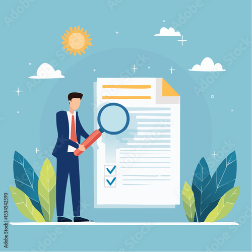 Inspect or review document, report or legal audit, quality assurance, search for document, information or research, investigate, proof or checking concept, businessman with magnifier inspect documen
