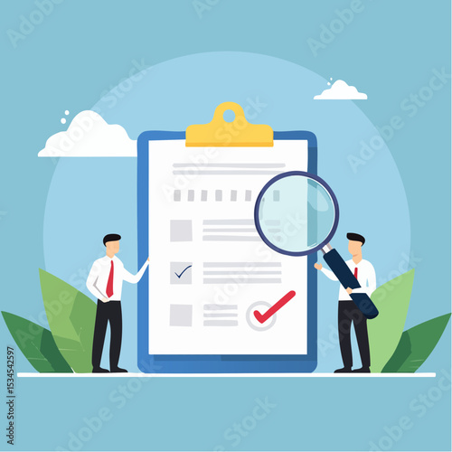 Inspect or review document, report or legal audit, quality assurance, search for document, information or research, investigate, proof or checking concept, businessman with magnifier inspect documen