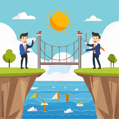 Build business bridge connect path together, solution or teamwork idea, cooperation or collaboration to success together concept, business people team help building the bridge to connect the wa