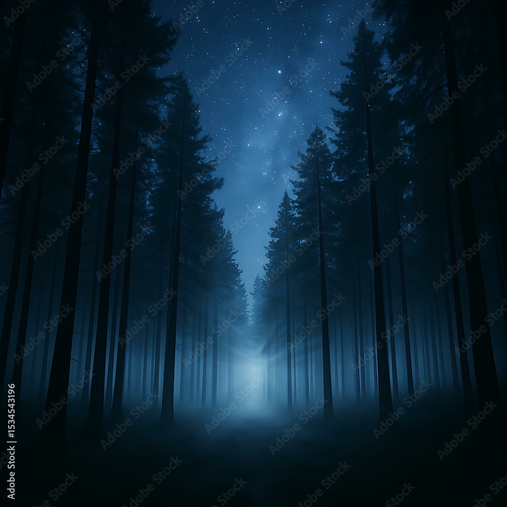 Fototapeta premium Misty Pine Forest with Starlight Piercing Through Tree Canopies