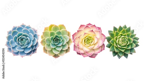 Four colorful succulent rosettes isolated on white background