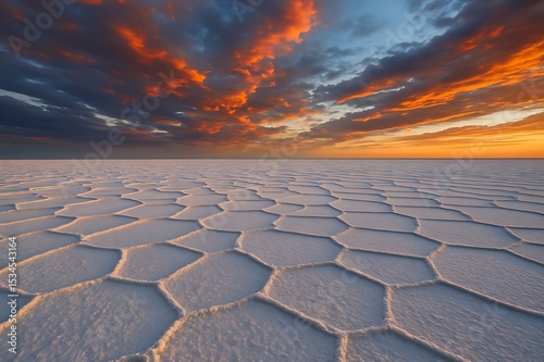 Salt Desert with Naturally Symmetrical Cracks Beneath a Dramatic Sky