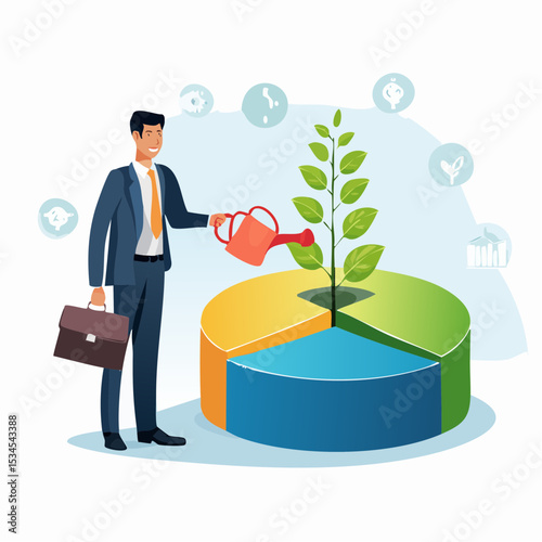 Investment portfolio, asset allocation to build passive income, wealth management or mutual fund planning, investment growth concept, businessman watering grow plant of investing portfolio pie char