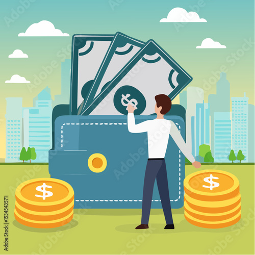 Salary, wages or income, making money profit, cash or economics, financial saving, investment or expense, spending, salary payroll, compensation concept, businessman hold money with wallet banknote