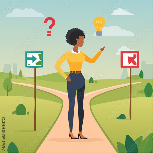 Tough decisions, choosing career path, make choices or think about final result, business directions challenge, confusion or decide options concept, businesswoman thinking and make business decision