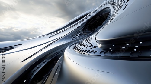 Abstract silver structure with dynamic curves and sky background showcasing modern design and futuristic aesthetics